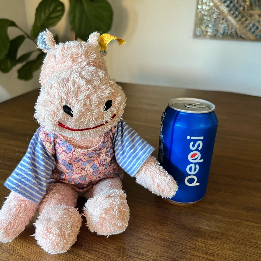 Steiff baby hippo with tag. Sweet little girl with pajama top.